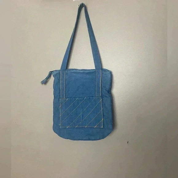 denim shoulder bag, jean tote bag artisan 70s style purse gold stitching boho - Picture 9 of 16